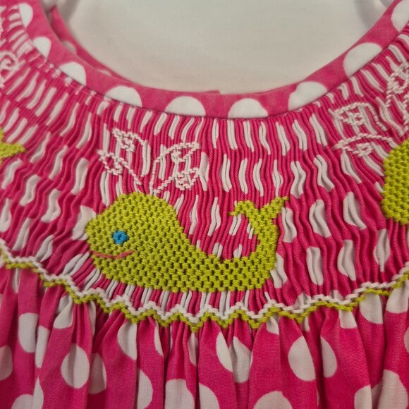 Jetter bugs Pink Polka Dot Girls Dress With Whale Embroidery & Ruffle Sleeves - Picture 6 of 8